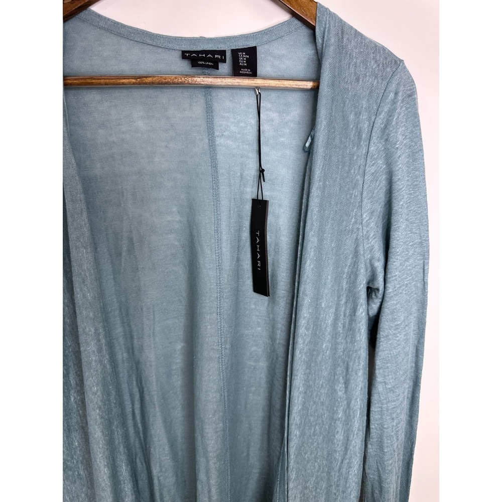 New Tahari 100% Linen Open Front Cardigan Dusty Teal Blue Longline Duster Medium - Picture 6 of 11